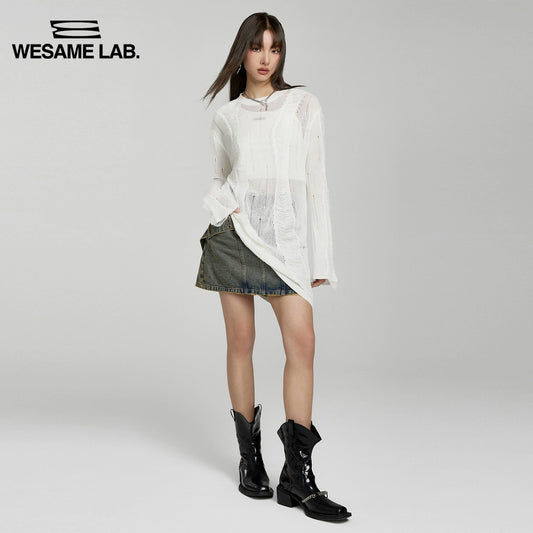 Thin Round Neck Hollow Out Knit Shirt