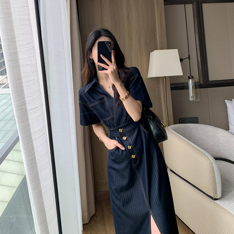 denim blue business dress maxi Lonnie Denim Maxi Dress (1XL)