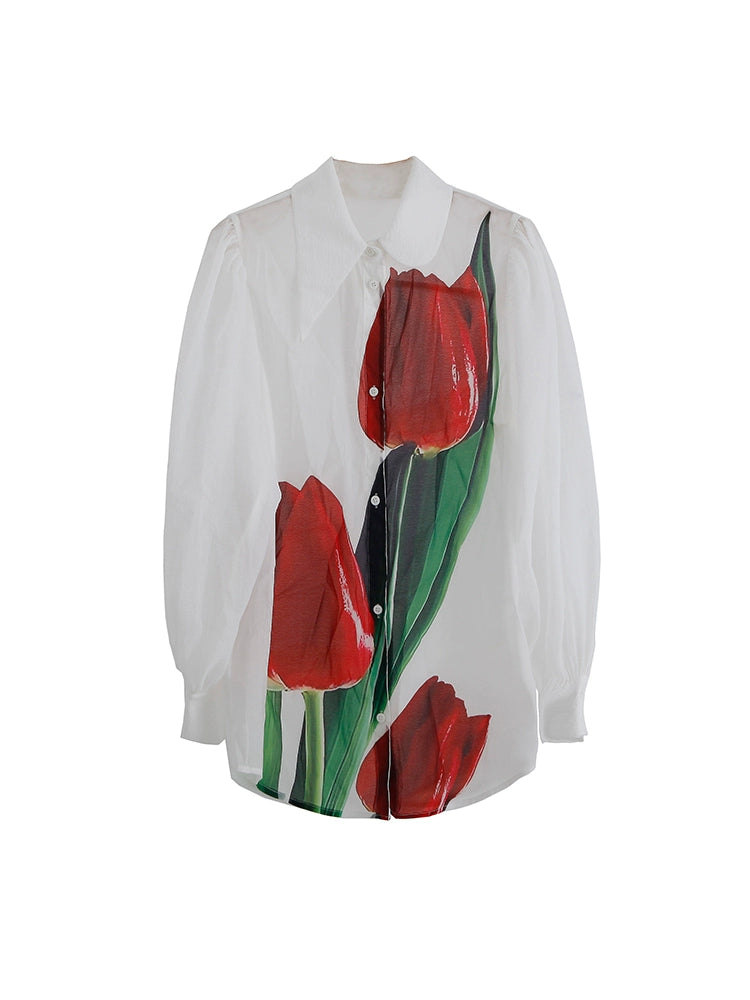 Original Design Gives You a Tulip Art Retro Oil Painting Print Half transparent Early Autumn Shirt