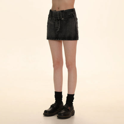 Square Buckle Hardware Denim Skirt