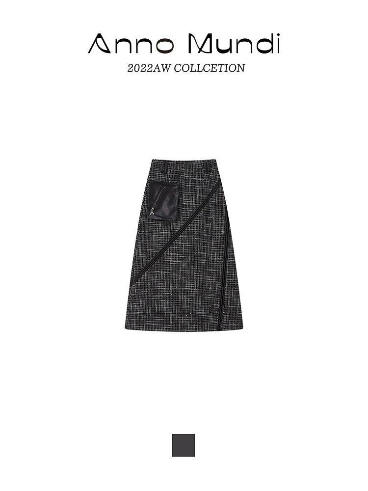 Dark Spliced PU Pocket Plaid Spring Skirt