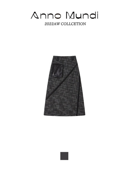 Dark Darked PU Pocke Plaid Spring Skirt