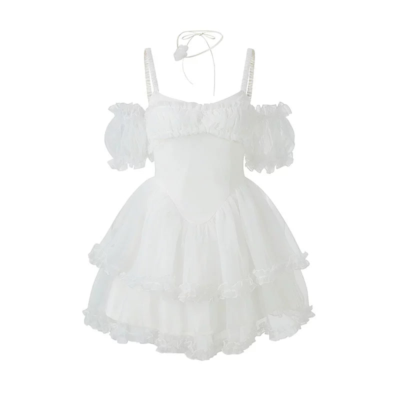 Ethereal Bubble Sleeve Organza Dress - Monochrome Elegance