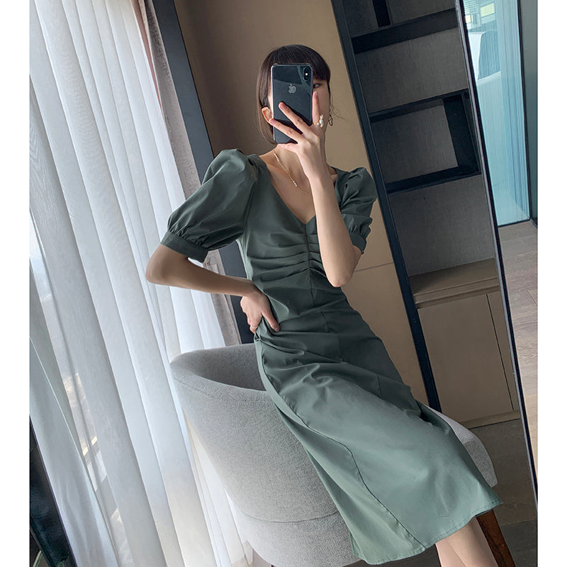 Green Summer Bubble Sleeve Dress