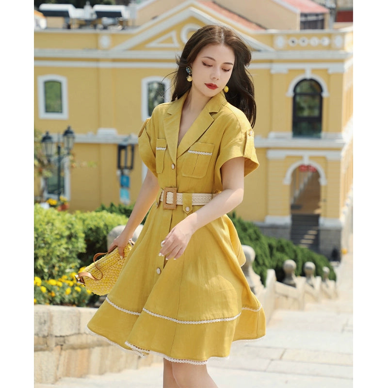 Yellow Temperament Loose Linen Shirt Dress