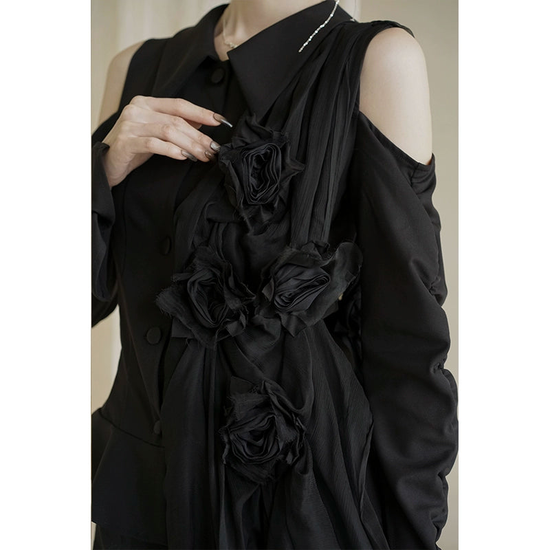 Autumn/Winter Black Silk Flower Coat