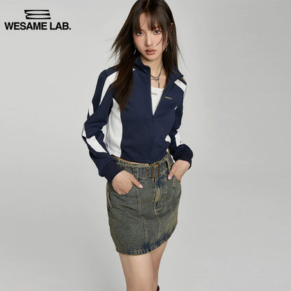 Slim Fit Short Style - Blue and White Contrast Panel Coat