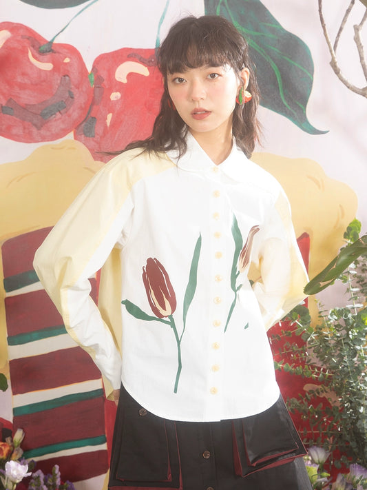 Hand-Painted Tulip: Doll Neck White Shirt