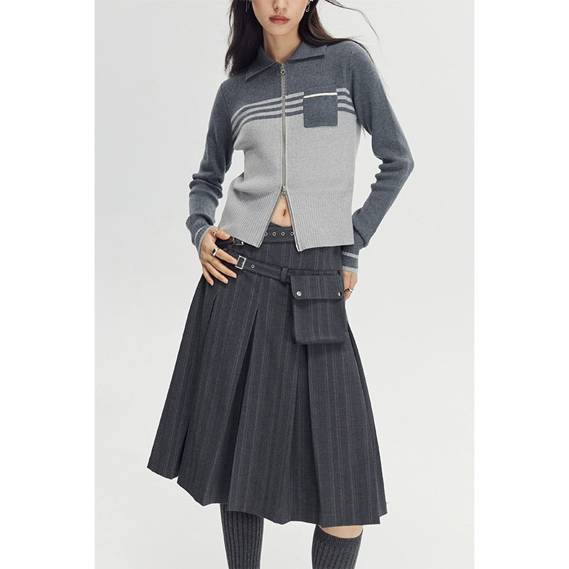 College Pleated - Double Belt A-line Skirt