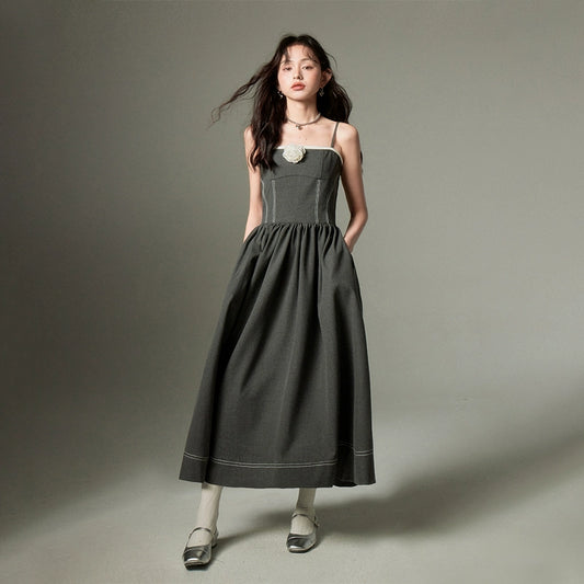 3D Rose Pin - Strap Long Dress