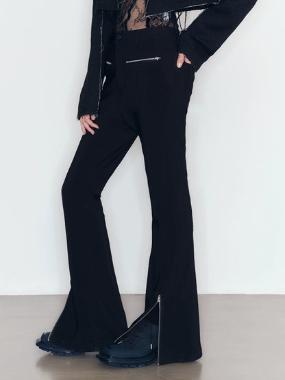 Black Elastic Slim Fit Flare Pants with Metal Zipper