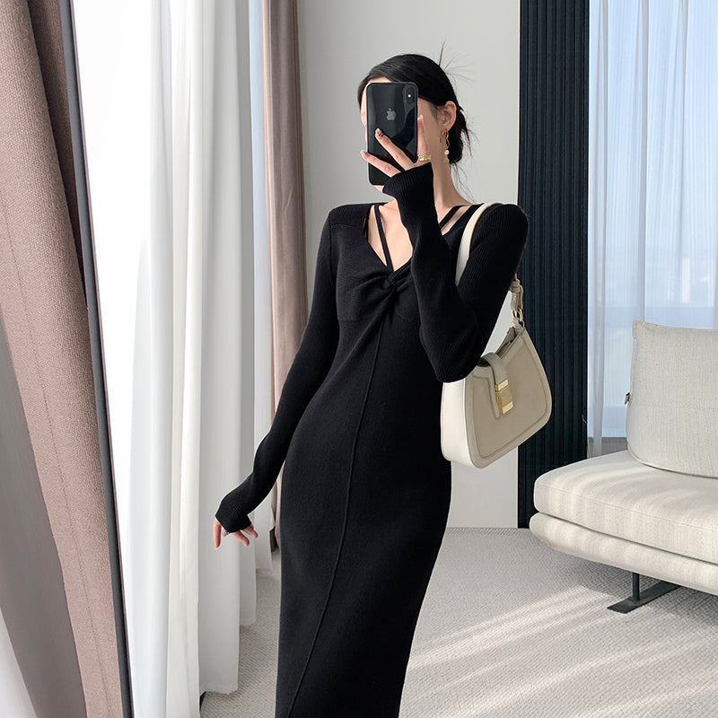 black knitted dress slimming SSKEIN Women's Margot Pointelle Lace Slim Knit Dress