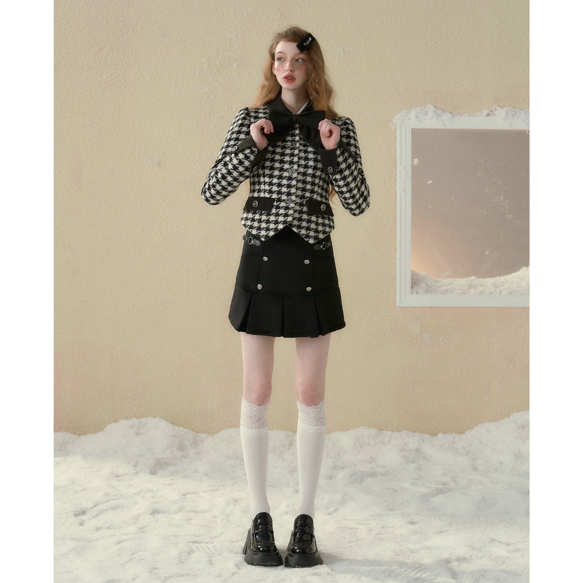 Contrast Bird Plaid Wool Coat