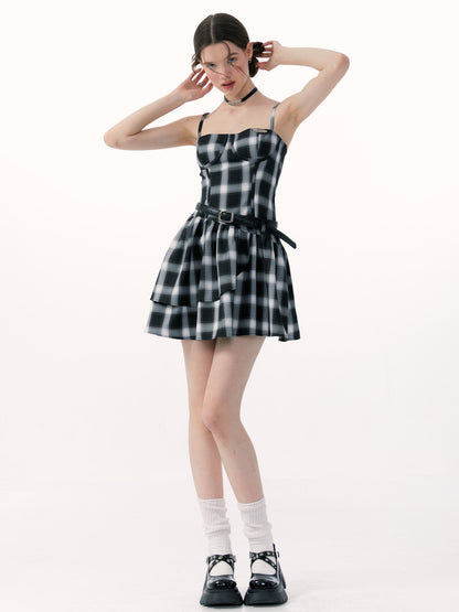 Black and White Plaid Strap Dress - Ballet Style