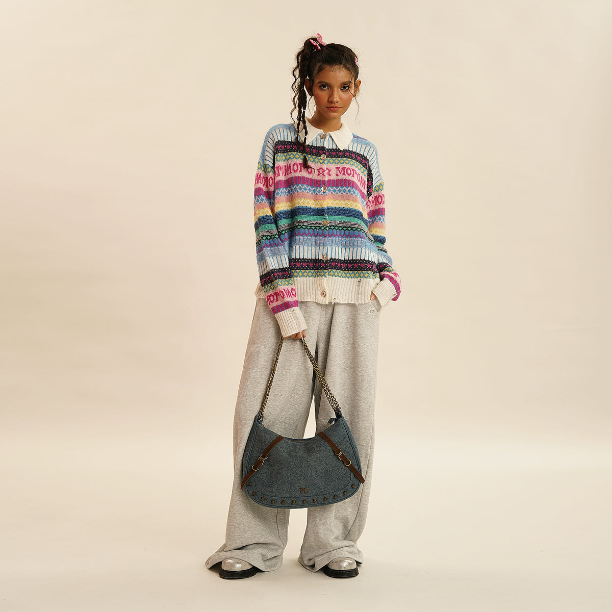 Twill Denim Studded Chain Bag