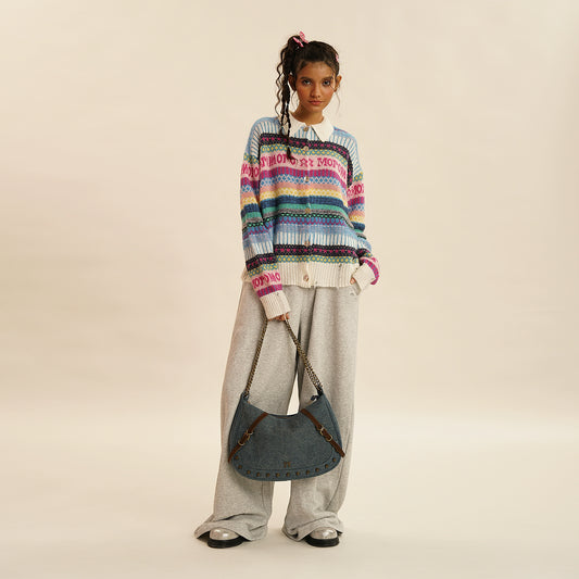Borsa con catena in denim twill con borchie