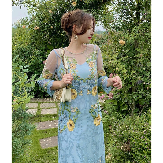 Blue Danube Mesh & Lace Embroidery Dress