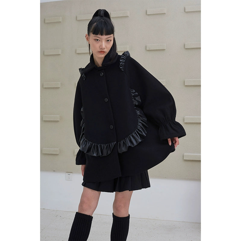 Doll Neck Ruffle - Woolen Suit Coat