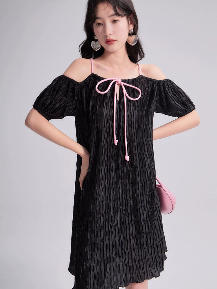 Pink Cool Off-Shoulder Pleated Dress