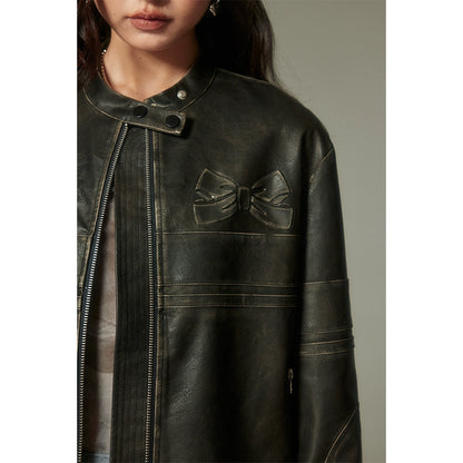 original design bow black retro brushed leather jacket