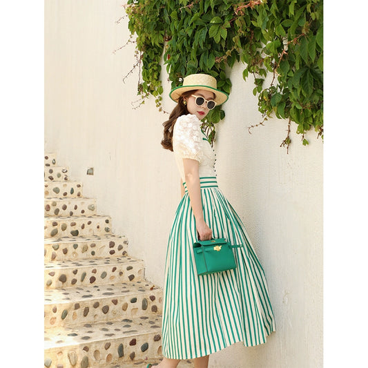 Breeze Green Lace Top & Striped Skirt Set