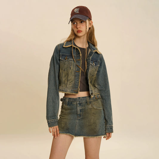Giacca di jeans vintage con scimmia spray