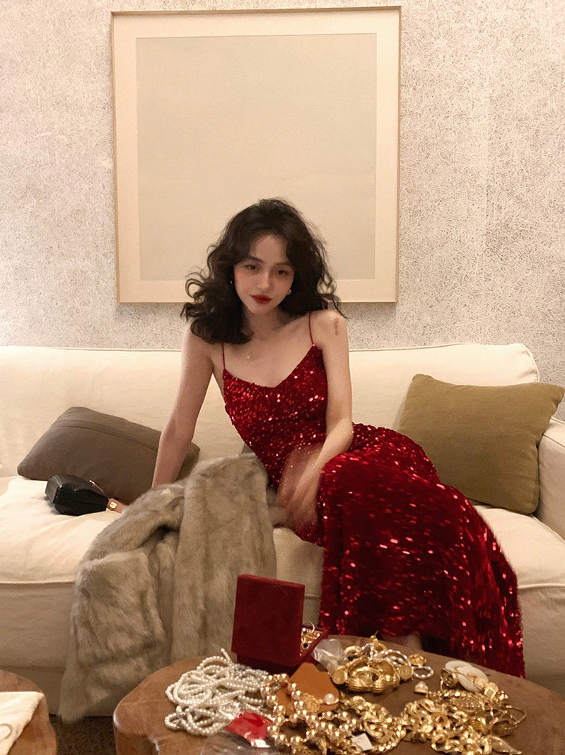 red velvet sequin dress Zelda Side Slit Velvet Sequin Gown