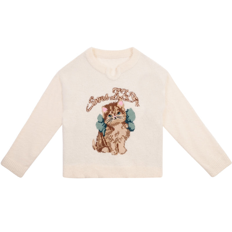 White Cat Embroidery Mink Hair Sweater - Design Sense