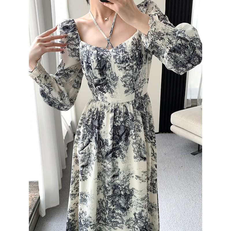 French Retro Long Sleeve Dress