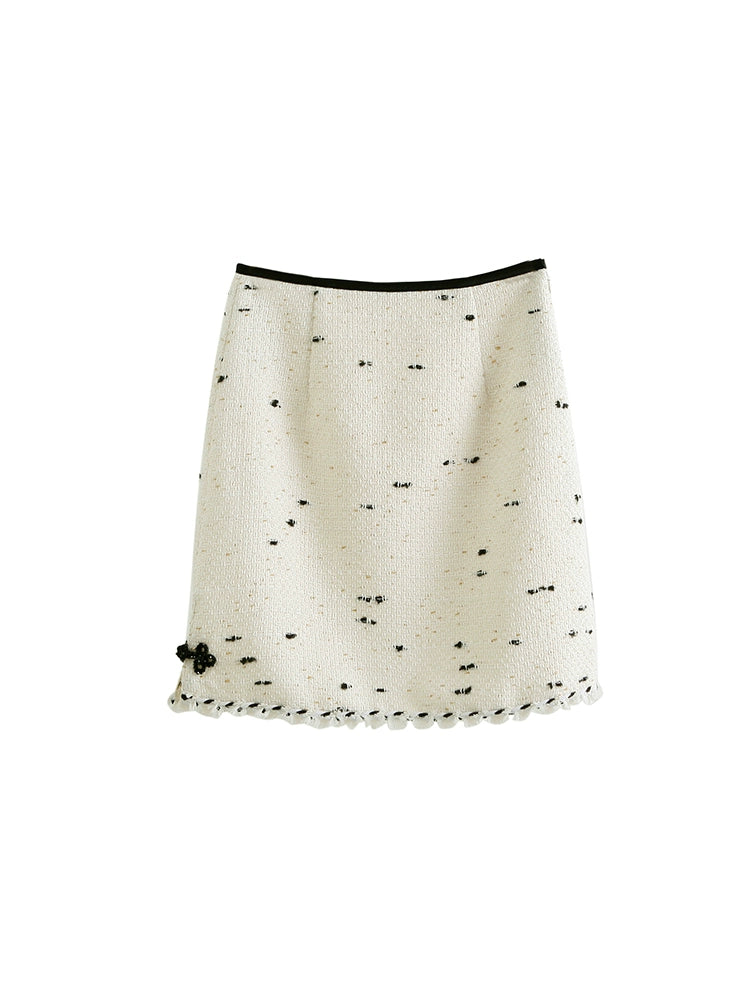 wool marble tweed half length short skirt, golden silk, Chinese style crystal clasp