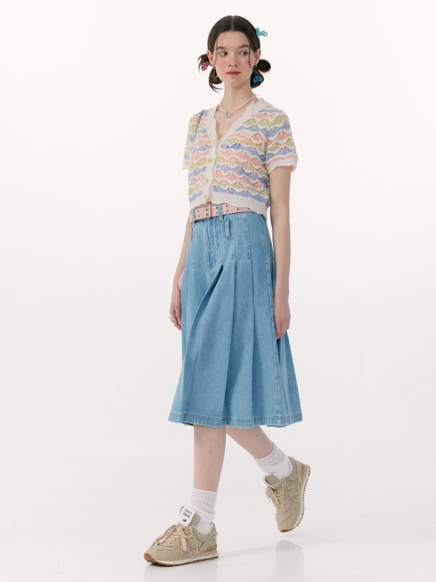 Vintage High Waist Denim Pleated Skirt
