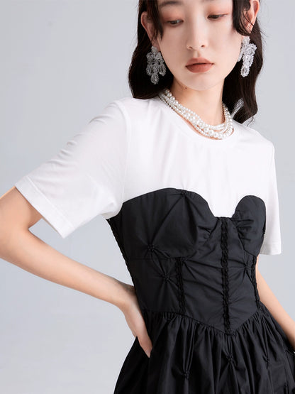 Original Design Commuter Vacation Leave Two Pieces Black and White Color Matching Texture A-line Crowd Dress for Women