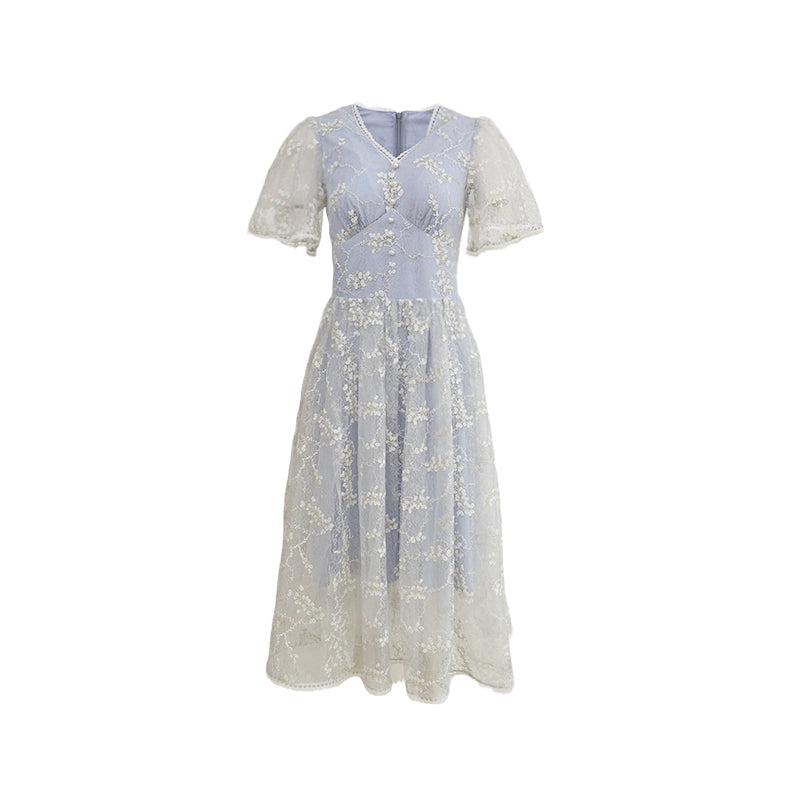 Light Blue Ice Spring Summer Style Retro V-neck Short Sleeve Lace Dress for Women