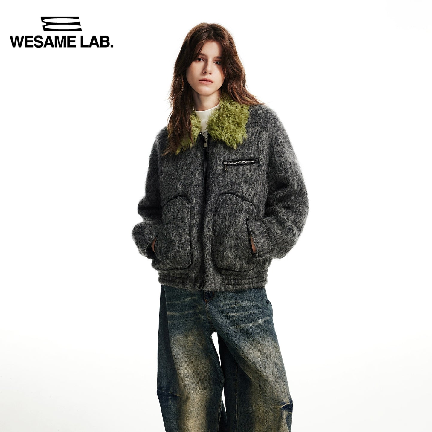 겨울 대비 녹색 양털 칼라 빈티지 울 느슨한 두꺼운 재킷 코트 코트 코트 여성