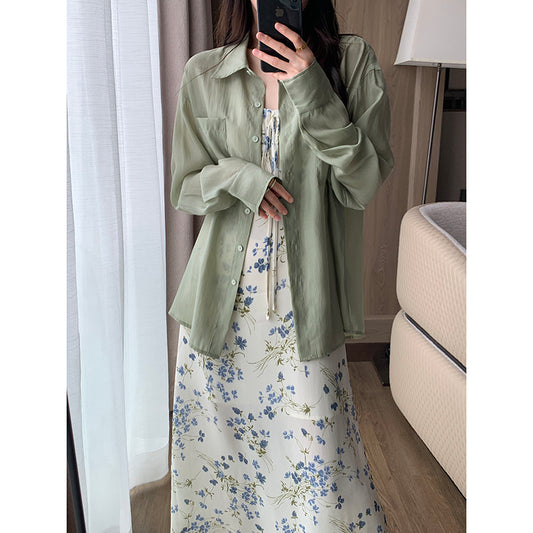 2023 Summer Green Silk Top