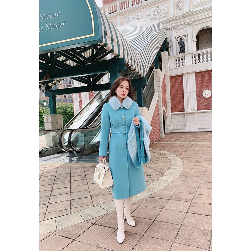 High-End Blue Woolen Winter Coat