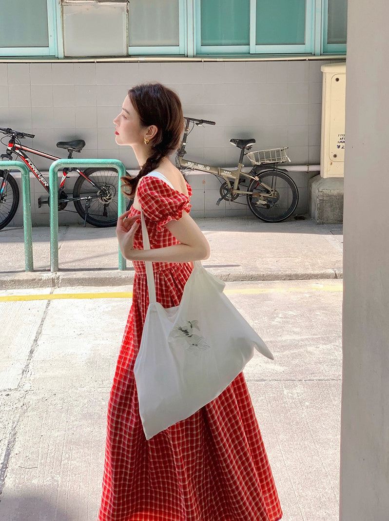 Summer Plaid: Red Square Neck Mid-Length Dress