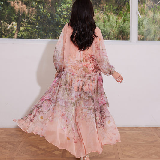 Pink V-Neck Long Dress by Zhao