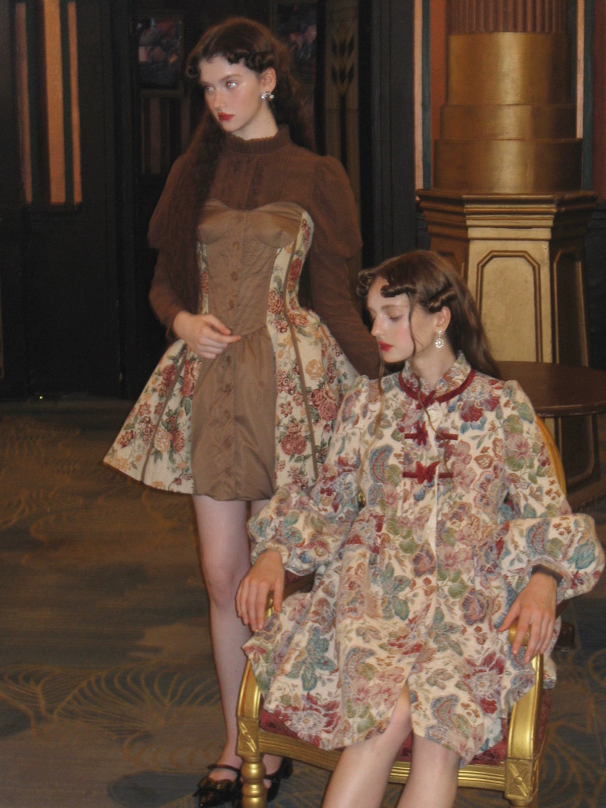 Brown Antique Doll Dress with Jacquard Detail and Fishbone Sling