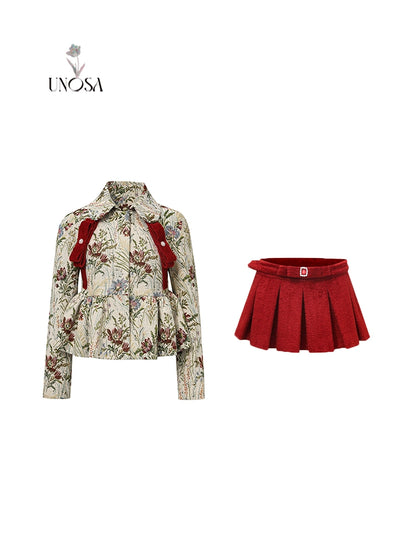 Red Studded Bow Jacquard Jacket with Floral Cluster Design