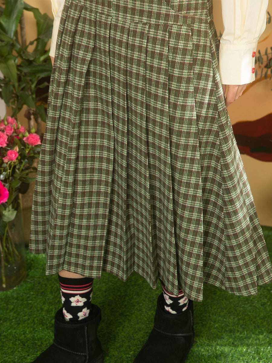 Yellow Green Plaid Mid-Length Pleated Skirt