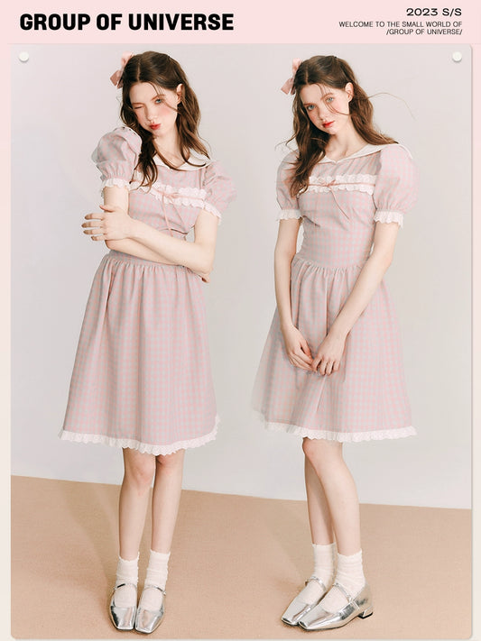 Guava Ballet - Pink Plaid Lace Dress