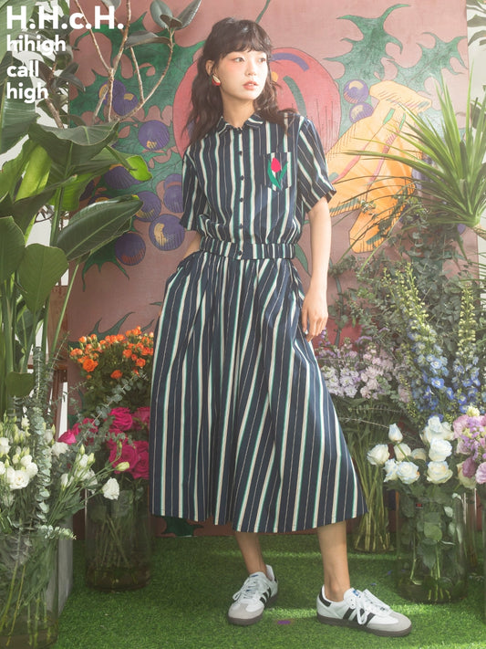 Tulip Embroidery Stripe Short Sleeve Shirt & Skirt Set