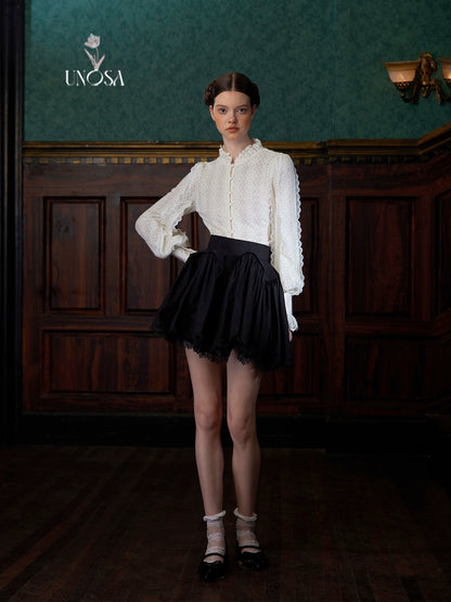 Elegant Black and White Brushed Velvet Lace Court Shirt