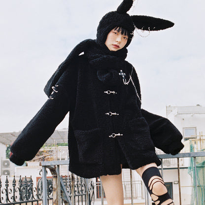 Rebellious Bunny Artificial Lamb Plush Coat Original Design with Punk Elements