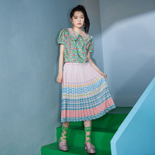 Macaron Plaid Pleated Skirt