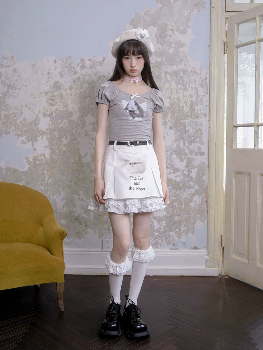 Cat Print Pleated Skirt