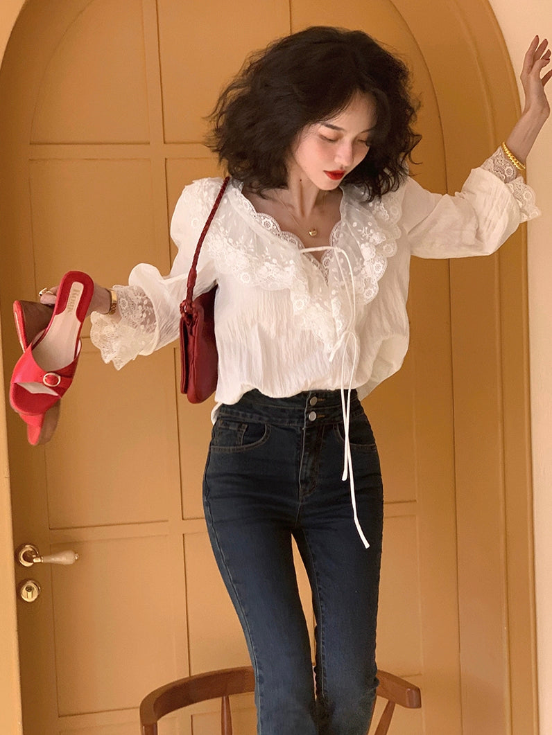 White Lace Flare Sleeve Shirt