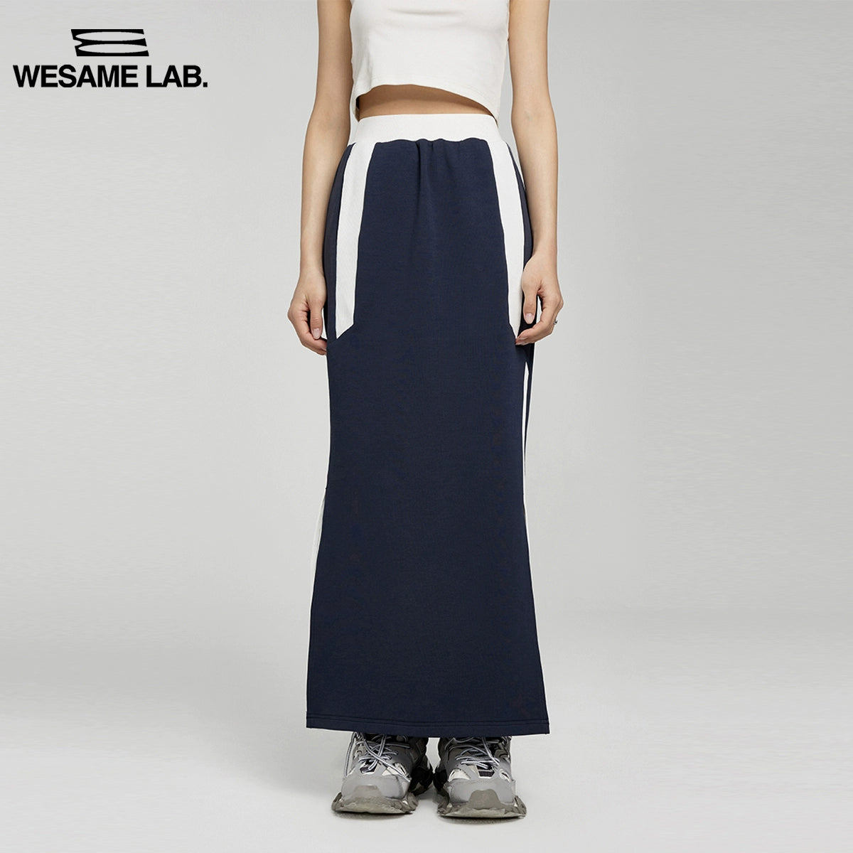 Casual Academy Style High Waist Blue White Contrast Panel Half Skirt