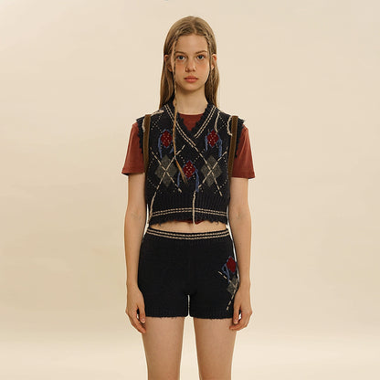 Tassel V-neck Diamond Knit Vest